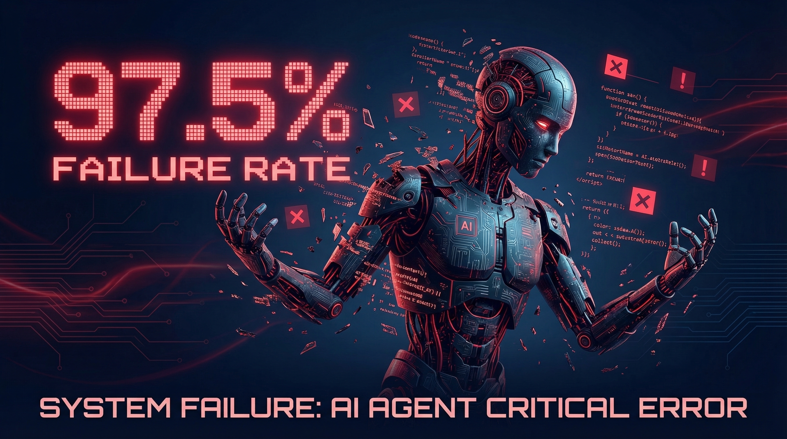 AI agent failing at real work — dramatic visualization of the 97.5% failure rate with broken code fragments and error symbols