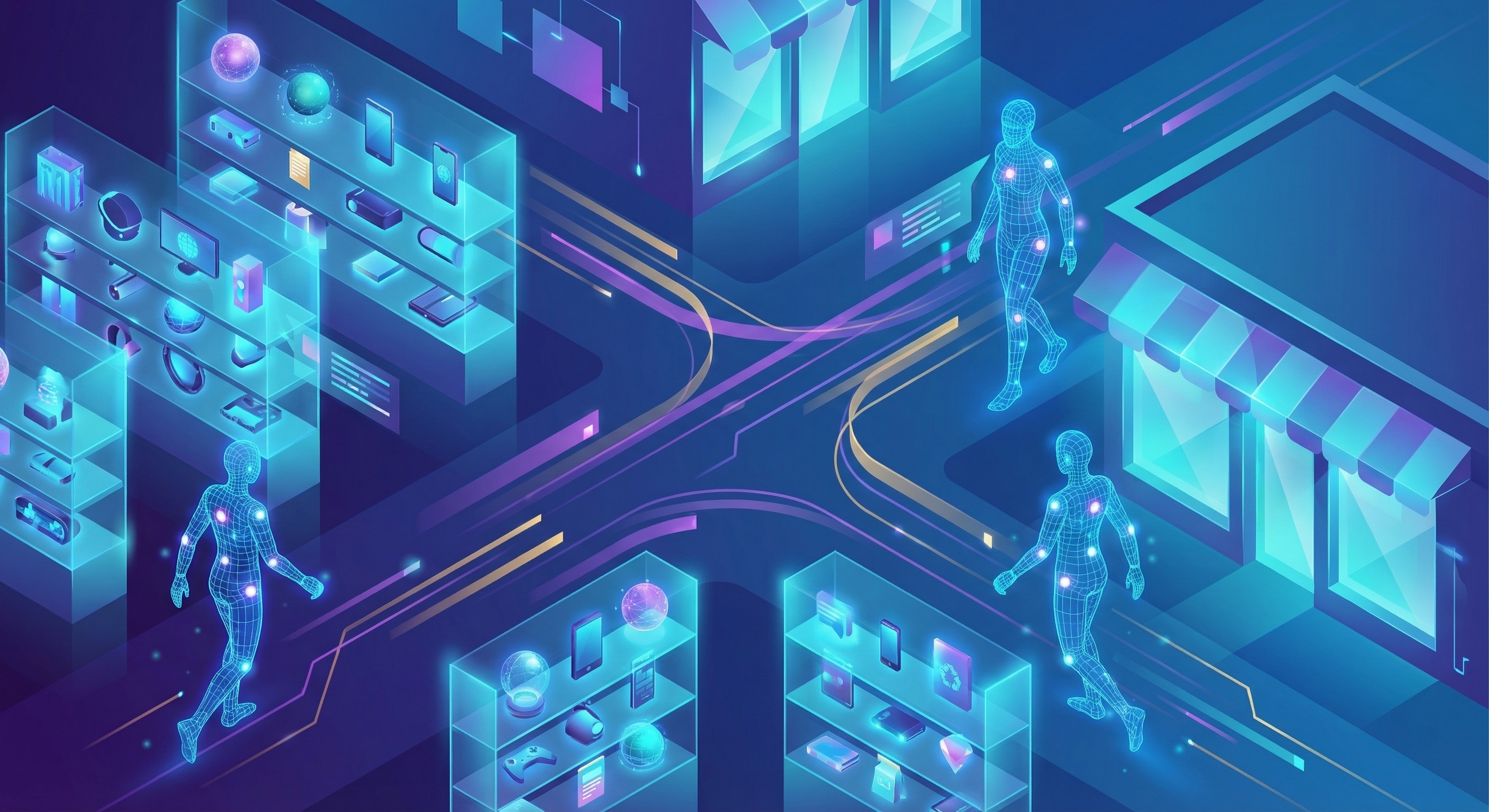 AI agents navigating a futuristic digital marketplace — holographic storefronts and payment streams flowing between autonomous agents and businesses