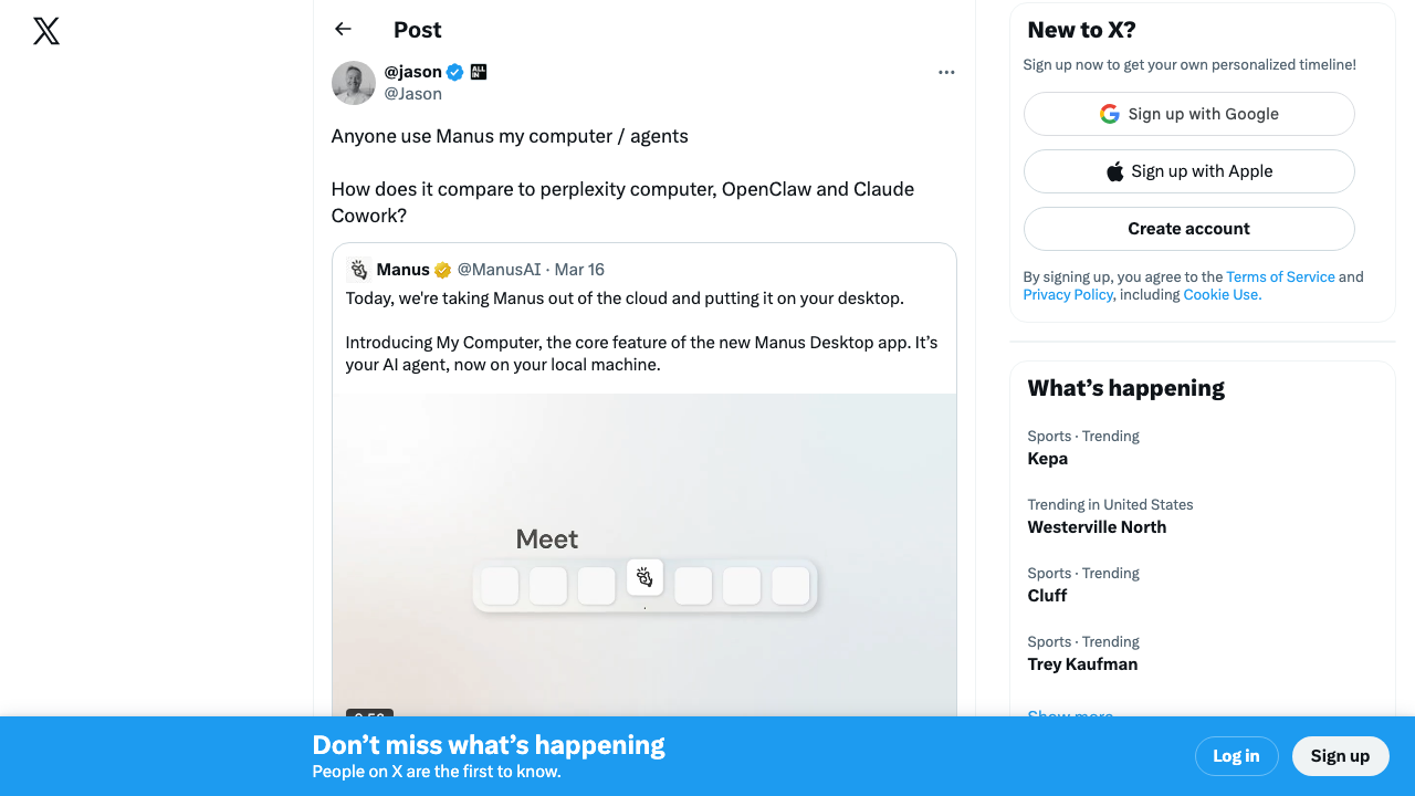 Jason Calacanis (@Jason) asking "Anyone use Manus my computer / agents. How does it compare to perplexity computer, OpenClaw and Claude Cowork?" — 510 likes, 163K views
