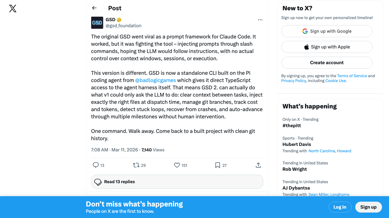 @gsd_foundation announcing GSD 2.0 — standalone CLI built on Pi coding agent with TypeScript control, context management, git branches, crash recovery, and multi-milestone automation
