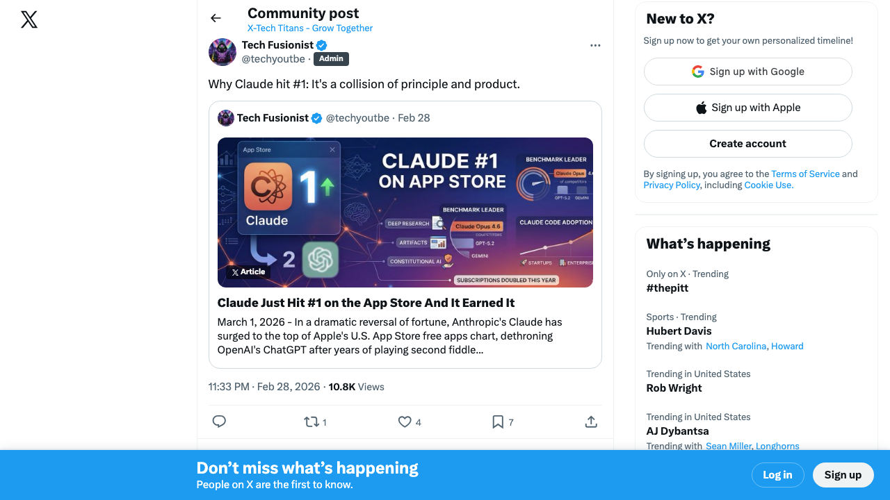 @techyoutbe on Claude hitting #1 on the App Store — a collision of principle and product, with Claude dethroning ChatGPT on the US free apps chart